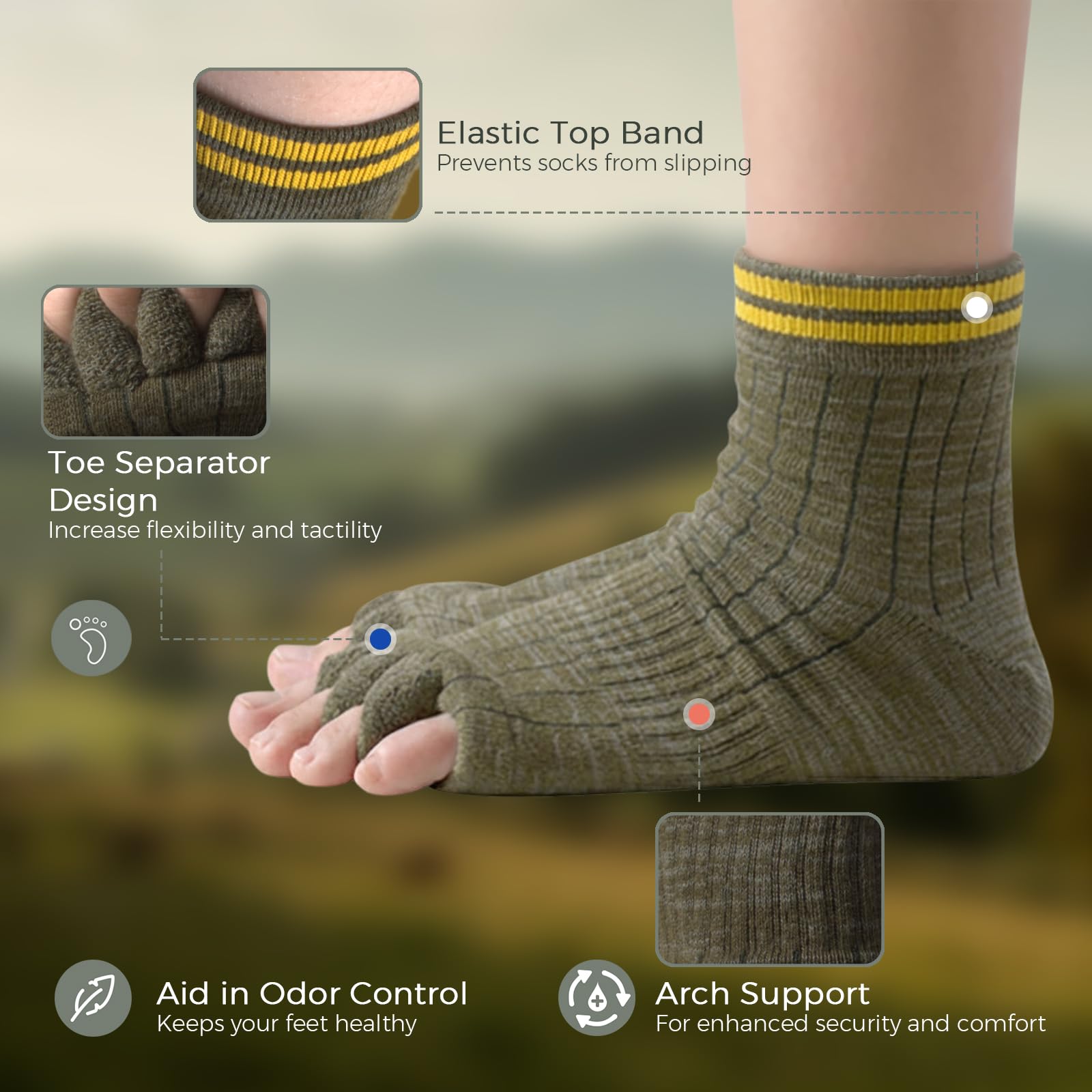 Green foot alignment socks with yellow cuffs