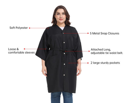 Perfehair salon smock showing snap closure detail