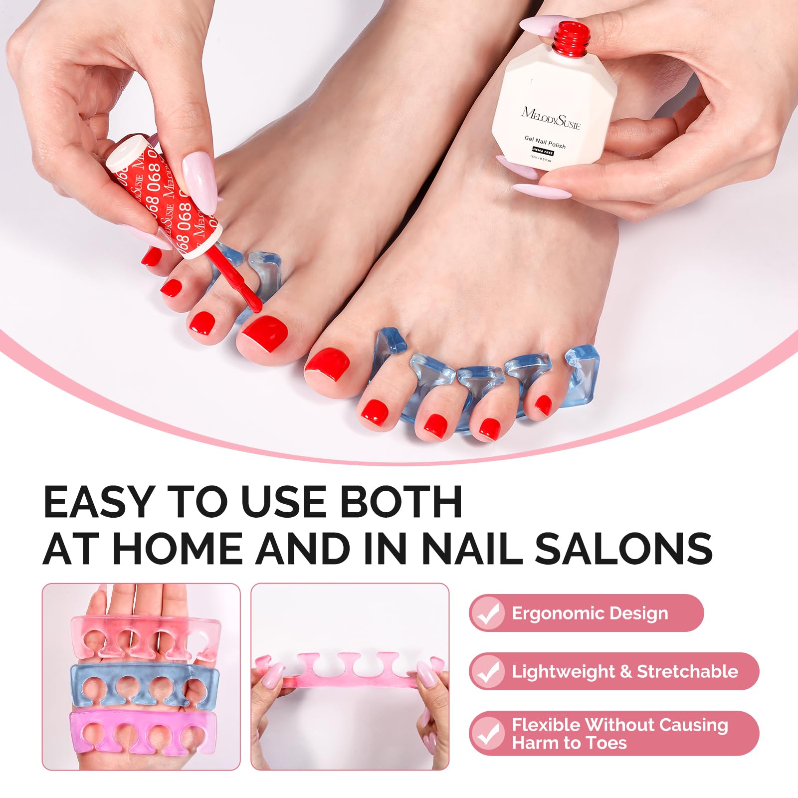 Multi-colored silicone toe dividers for home grooming