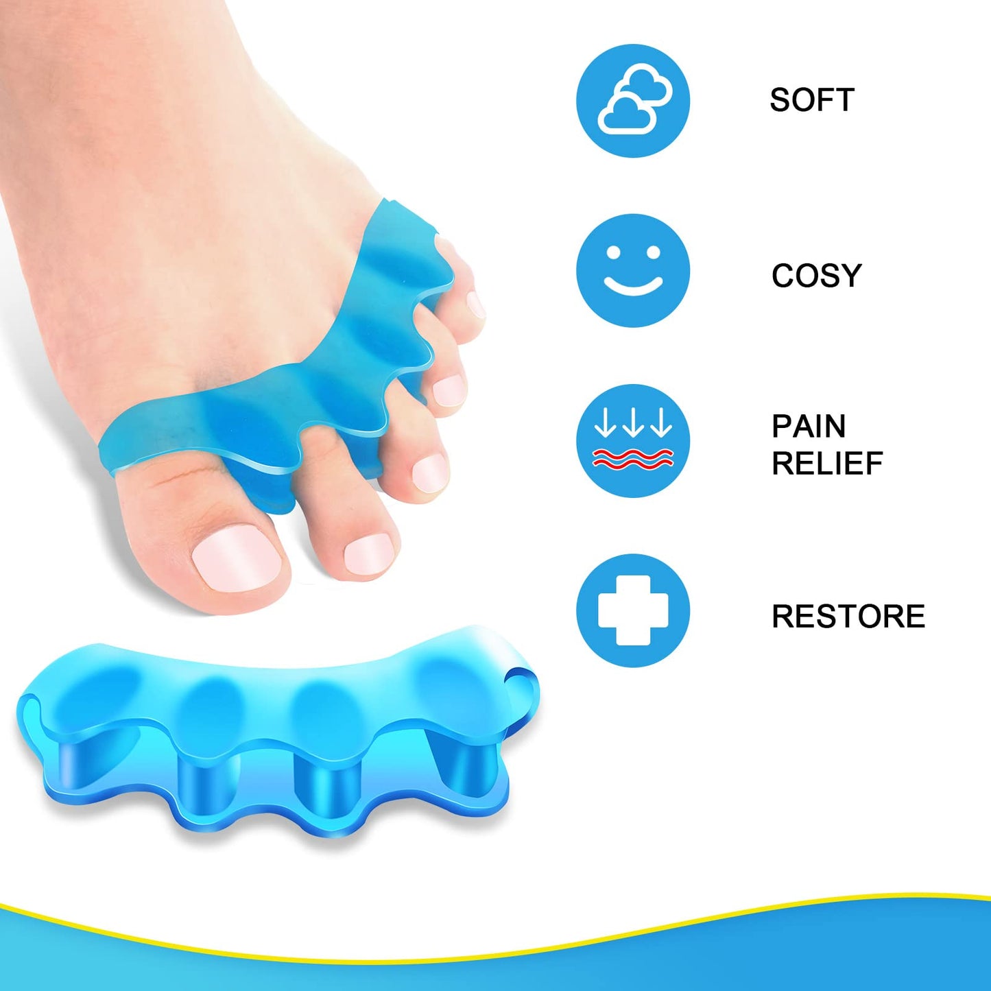 Detailed view of flexible blue Juzure gel toe correctors