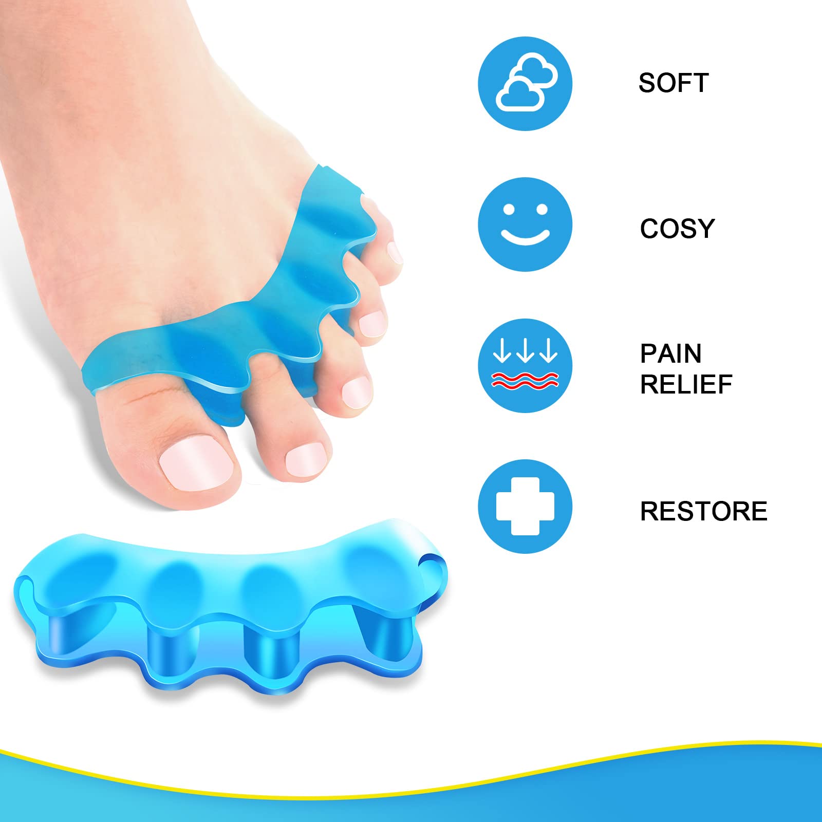 Detailed view of flexible blue Juzure gel toe correctors