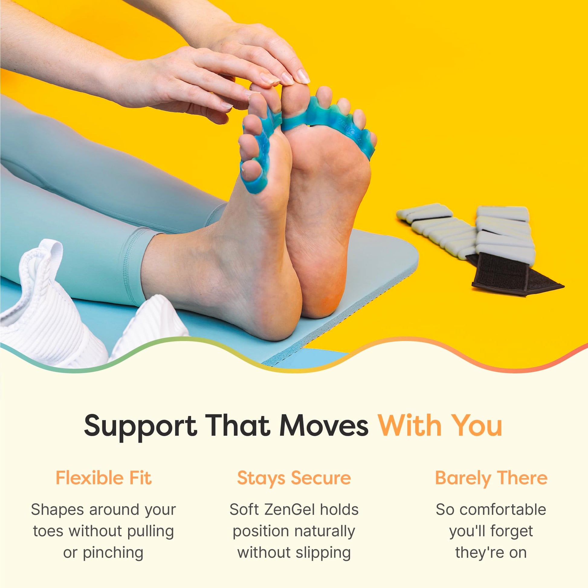 ZenToes toe straightener worn on foot for demonstration