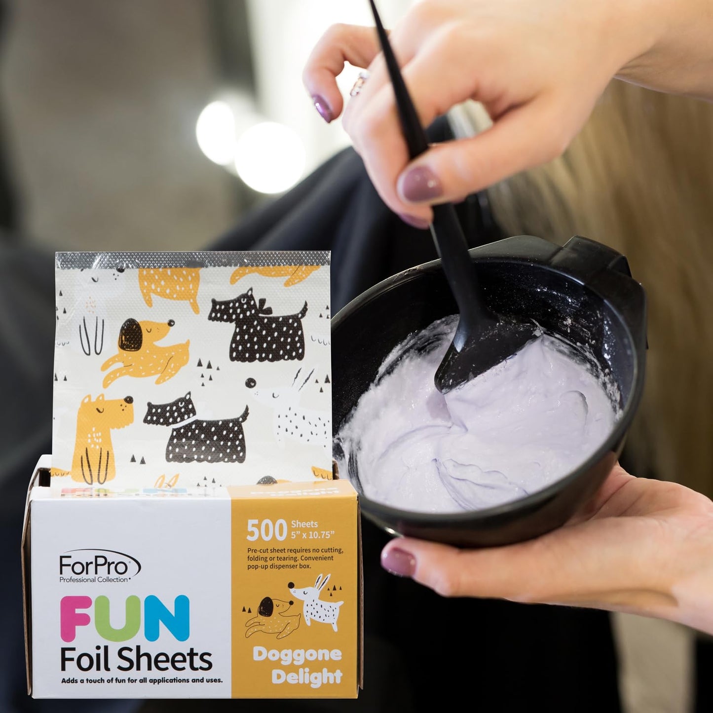 Professional hair colorist using ForPro Doggone Delight foil sheets