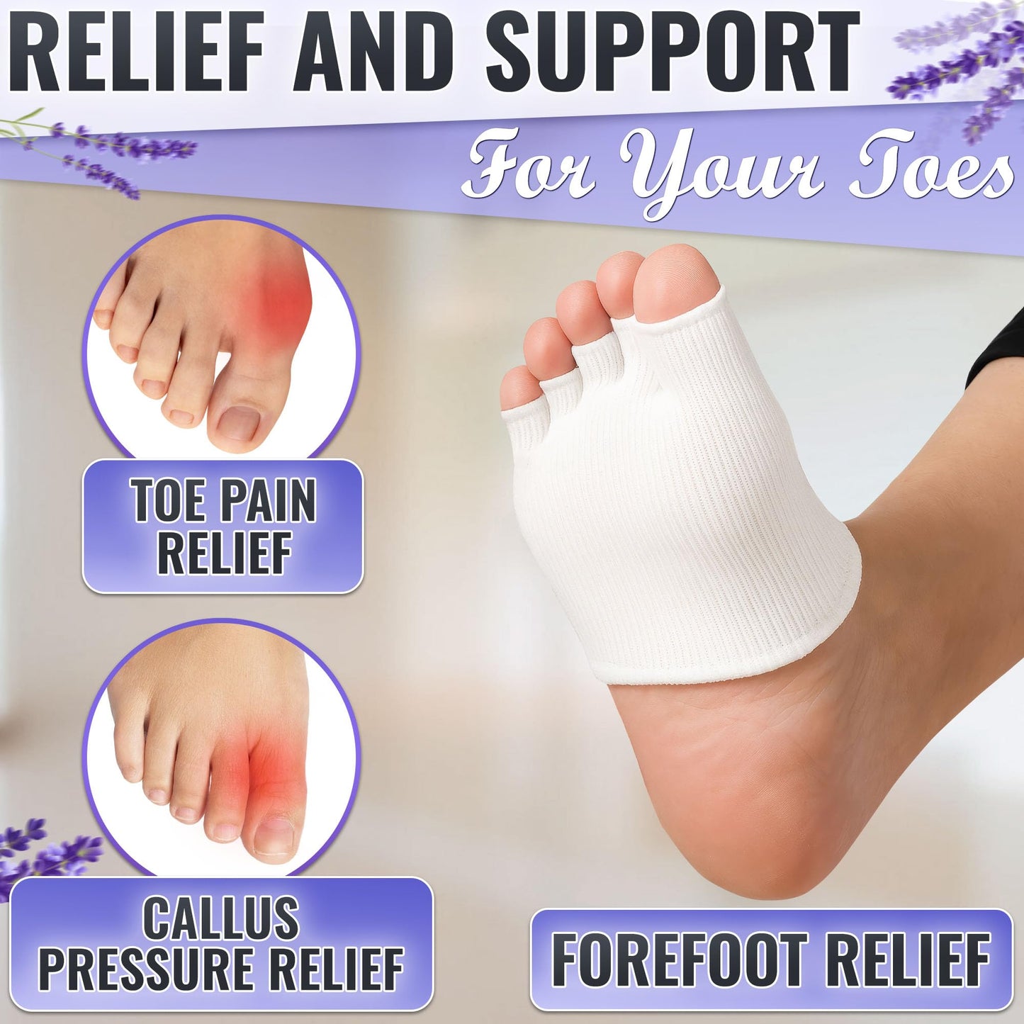 Top view of white cotton toe separator socks for pedicure