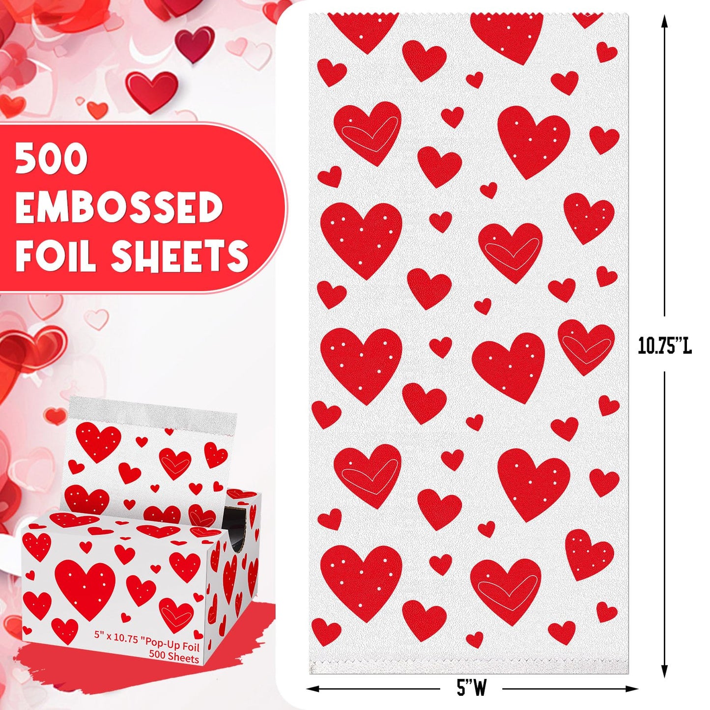 Pre cut pop up aluminum hair foil sheets showing the cute red heart pattern
