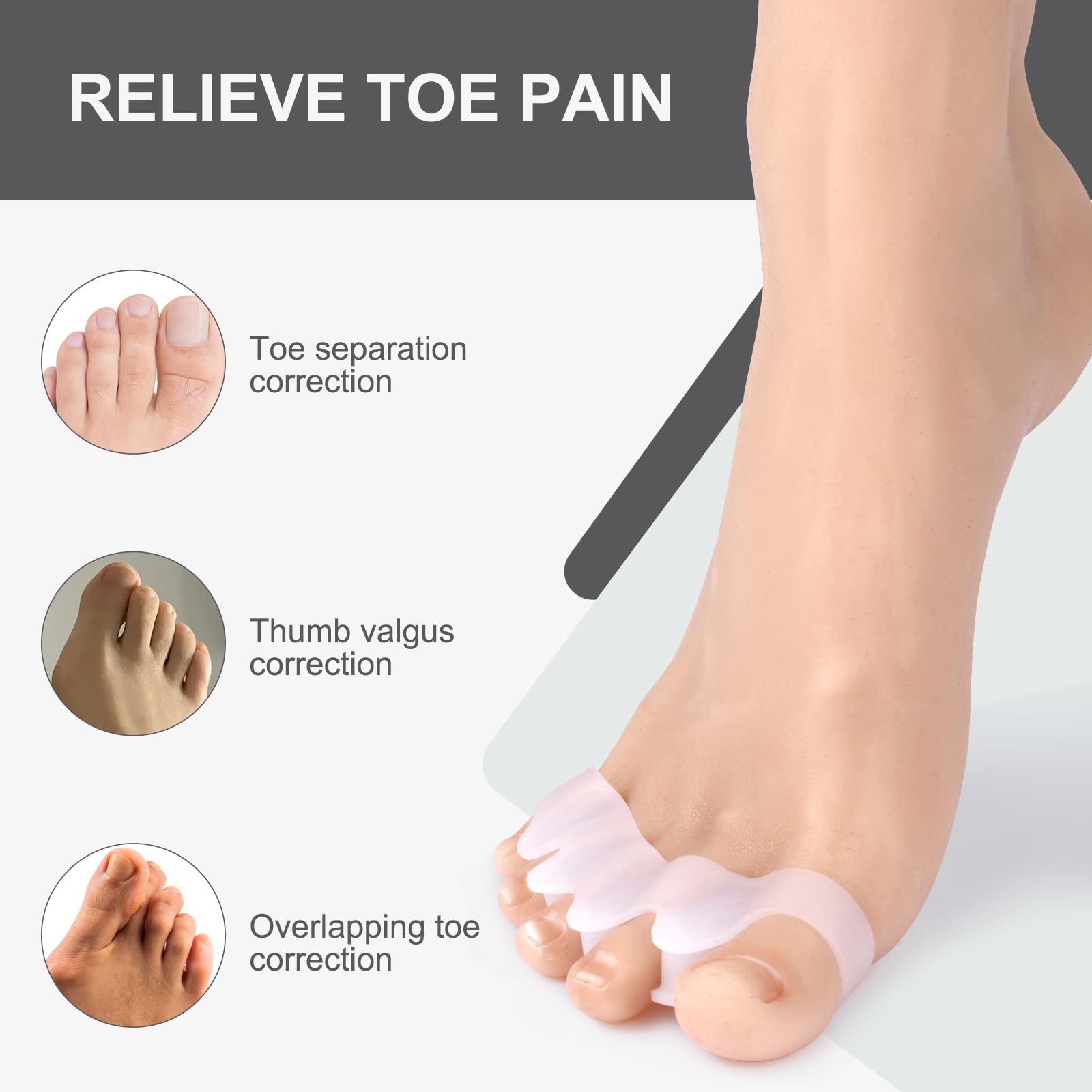 White silicone toe spreaders for overlapping toe correction