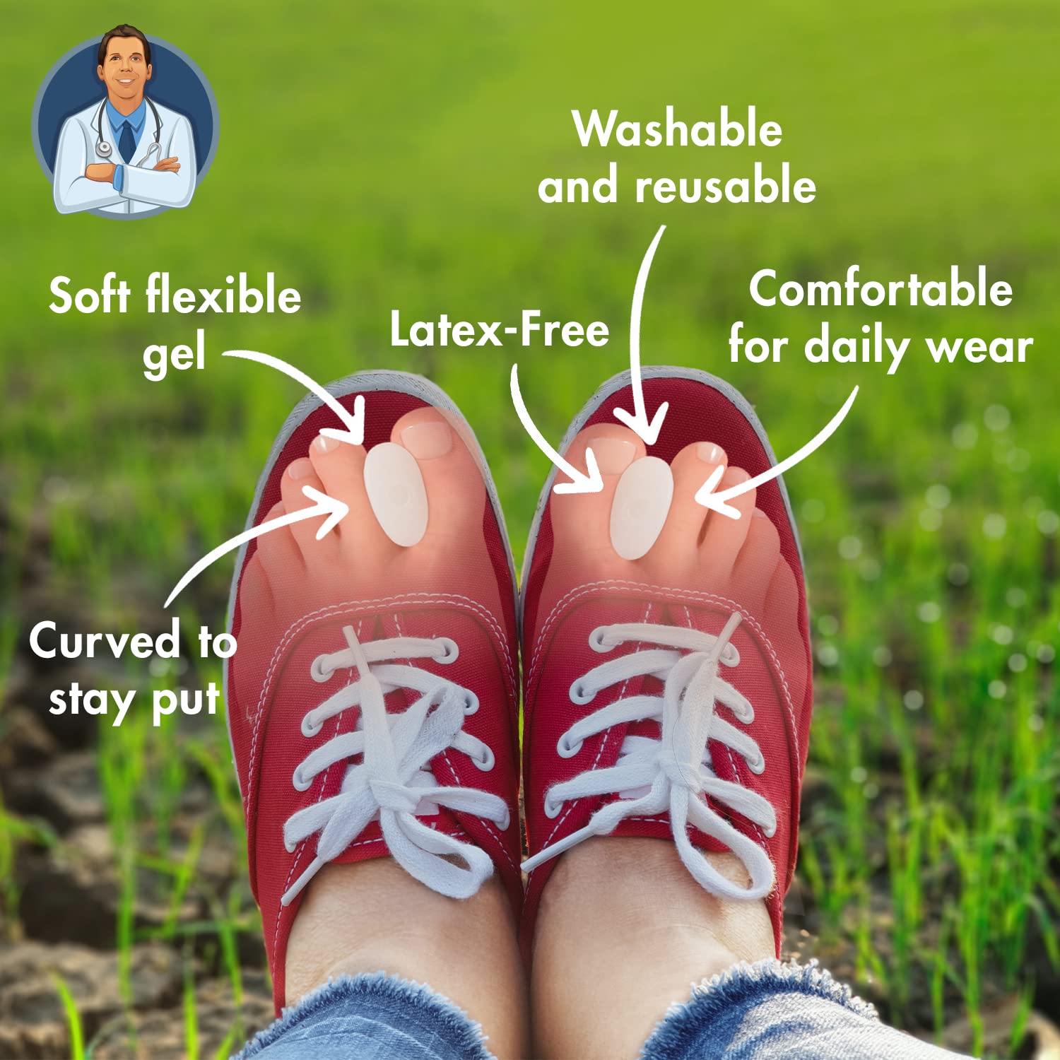 Dr. Frederick's Original gel toe spacer placed between toes