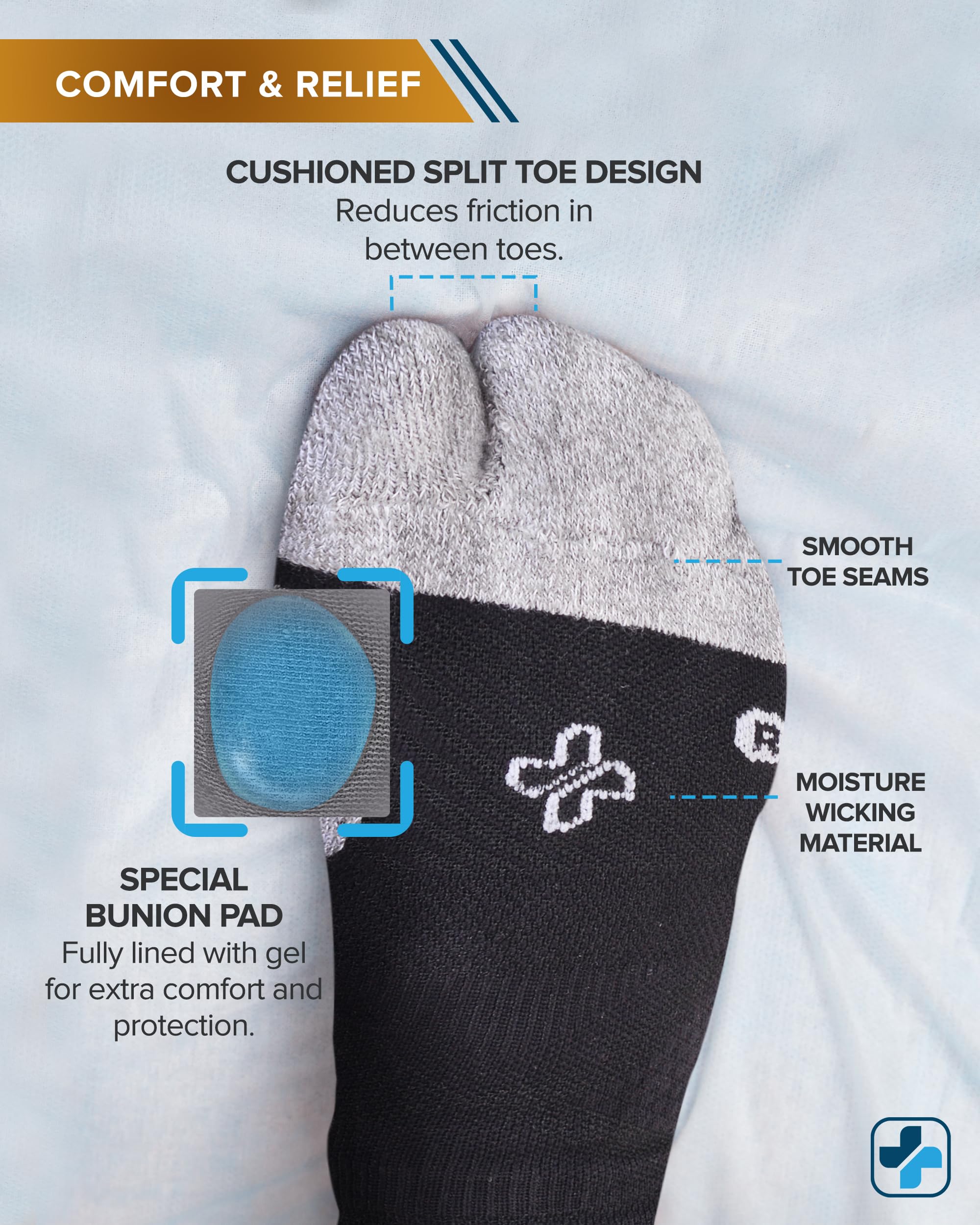 Pair of black and gray bunion relief socks with copper infusion