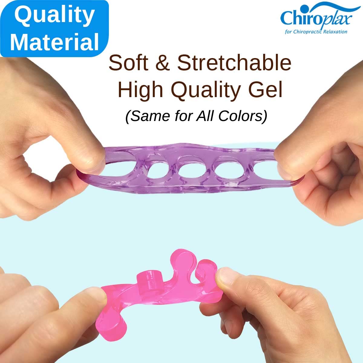 Close up of Chiroplax toe stretchers showing flexible silicone design.