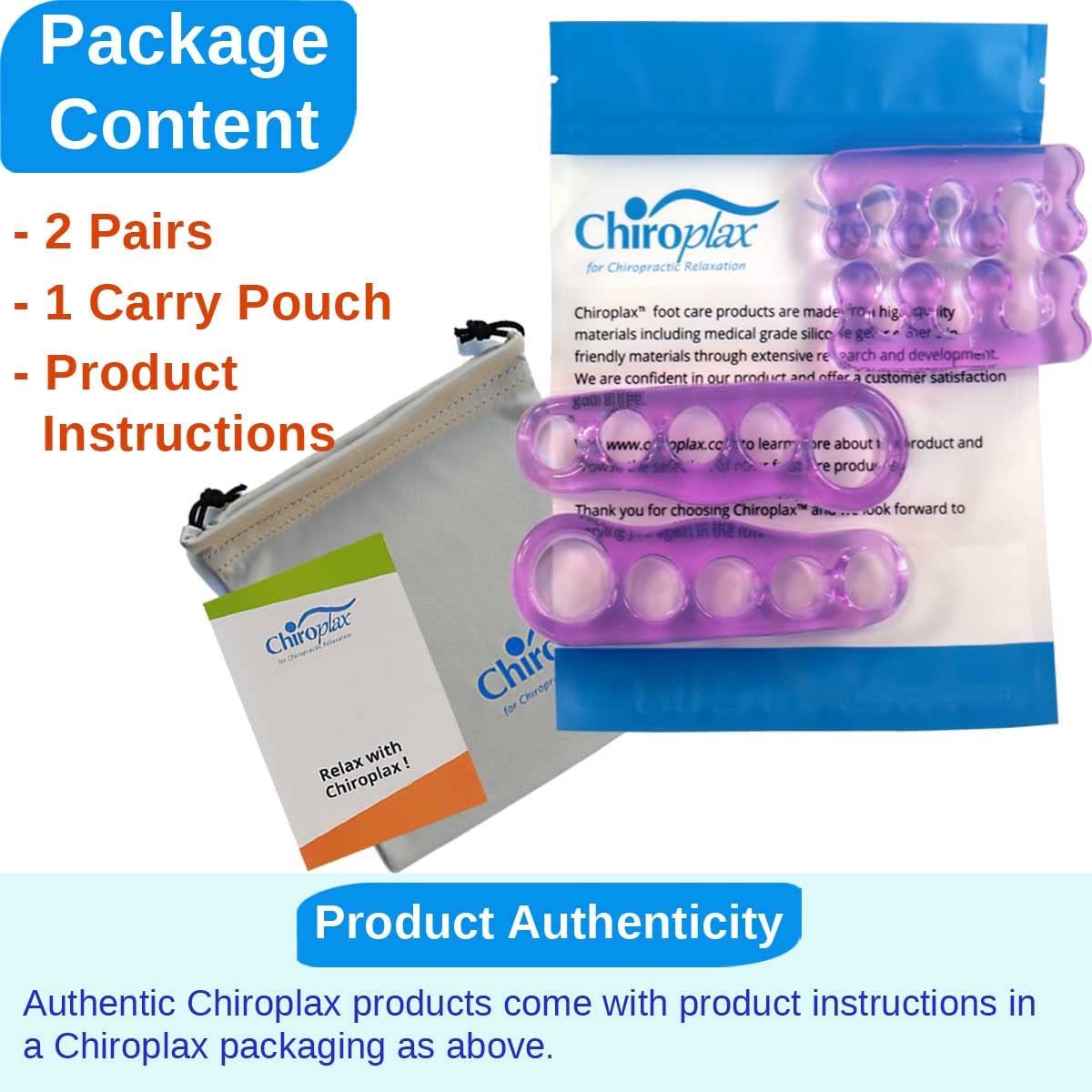 Included travel pouch with Chiroplax silicone toe spreader set.