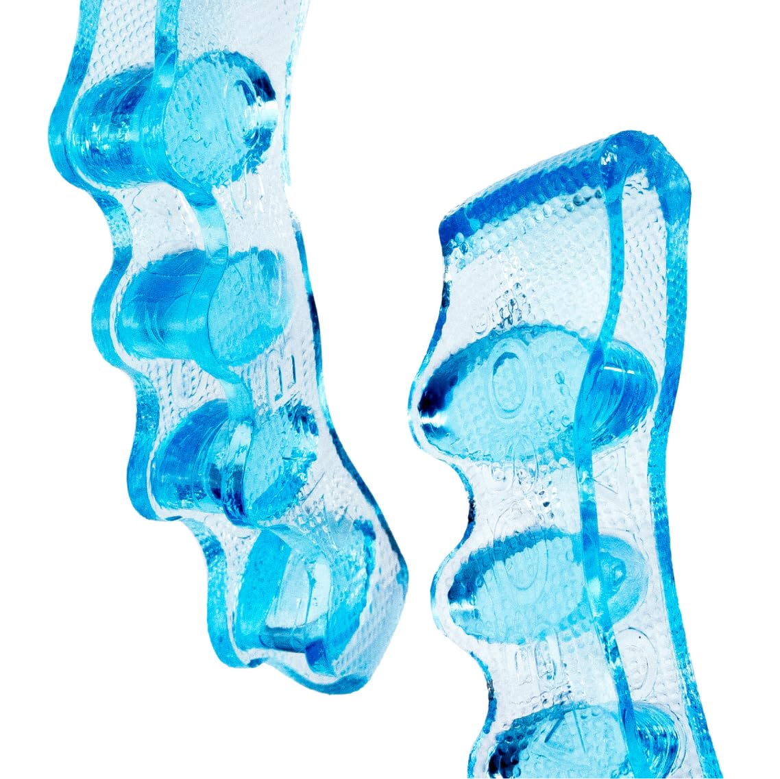 Blue silicone Naboso toe separators on a pair of feet