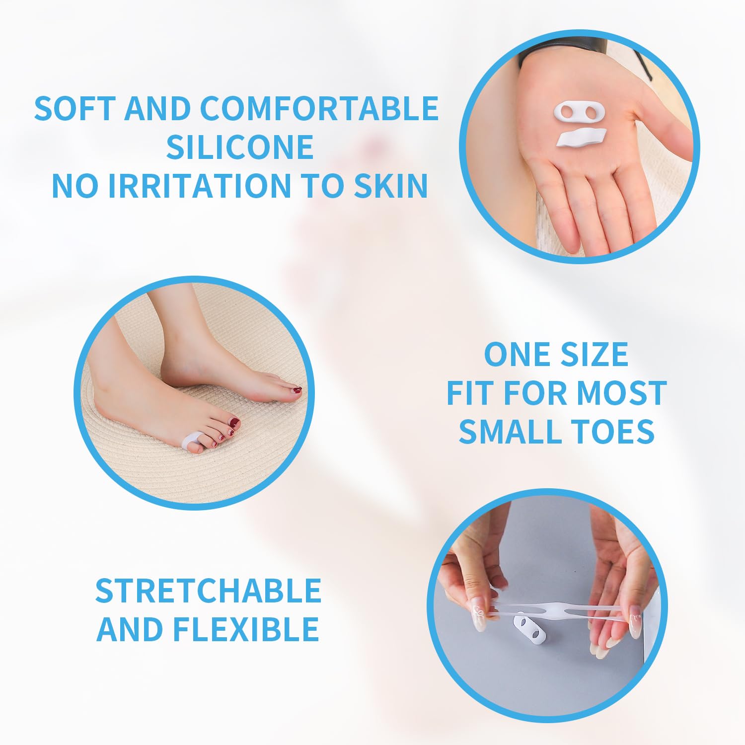 Silicone gel pinky toe spacer on foot for bunion relief