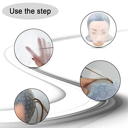 User wearing professional silicone hair highlighting cap