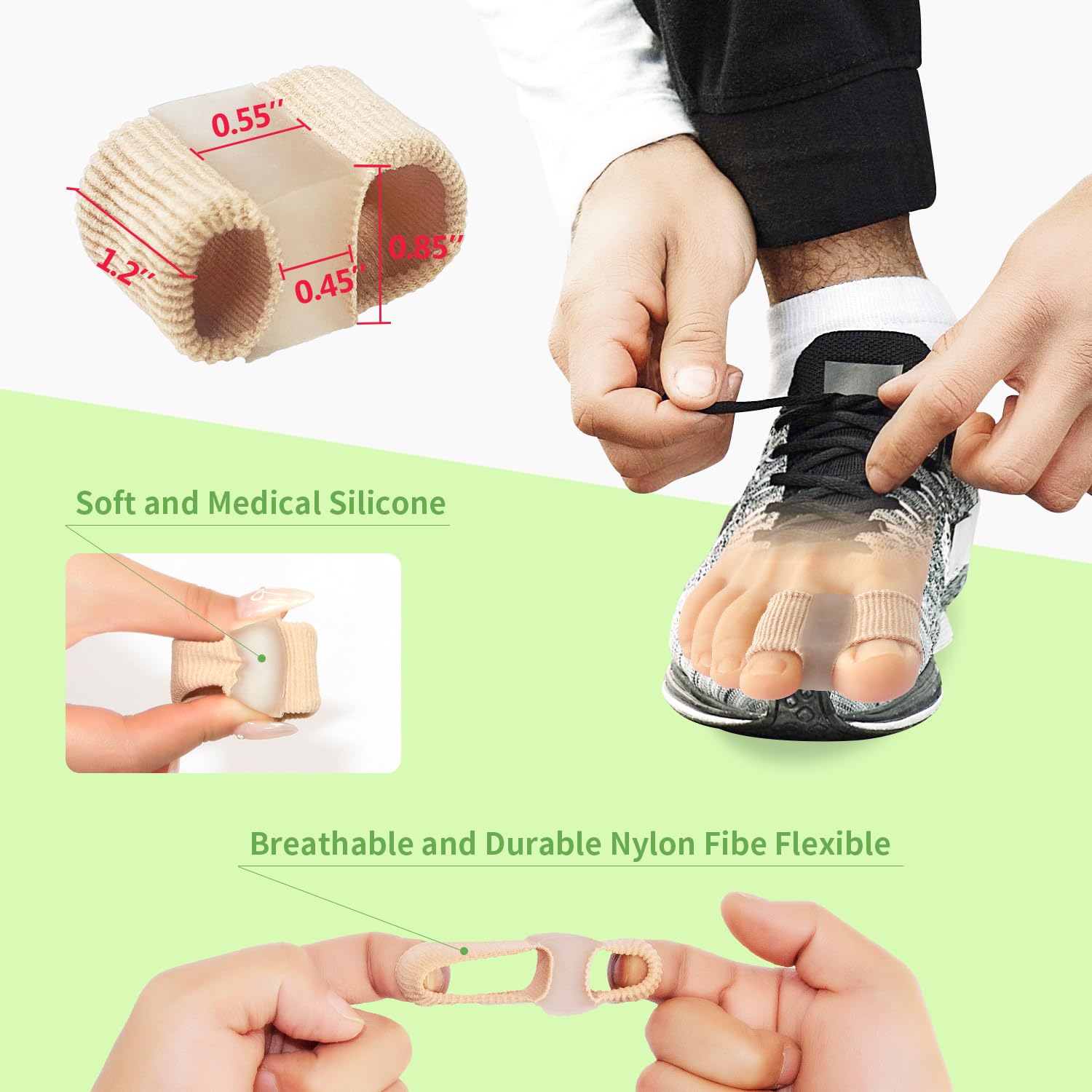 Fabric-lined silicone toe spacer for bunion relief