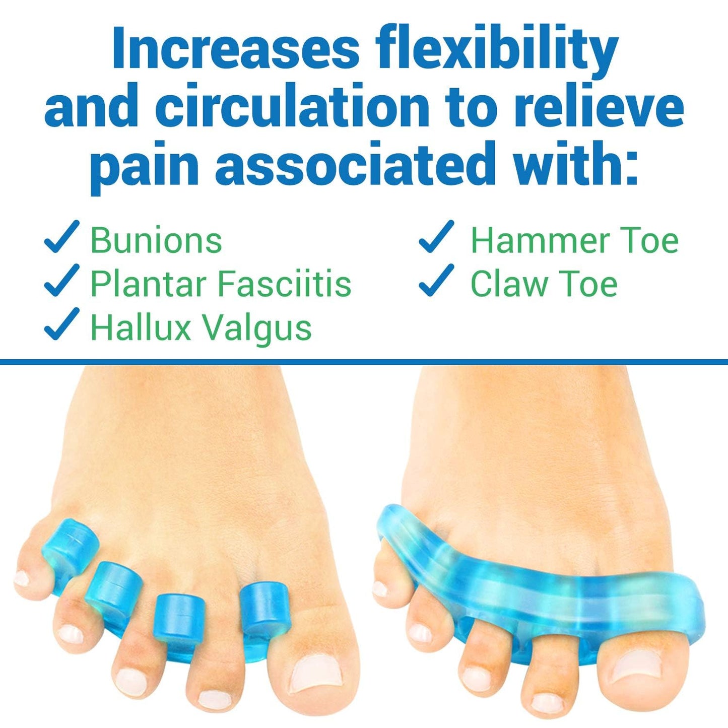 VIVEsole silicone gel toe stretchers being worn on feet