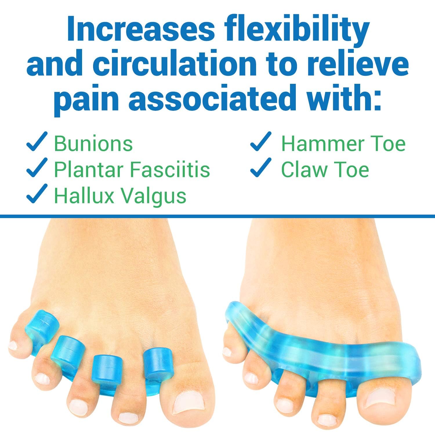 VIVEsole silicone gel toe stretchers being worn on feet