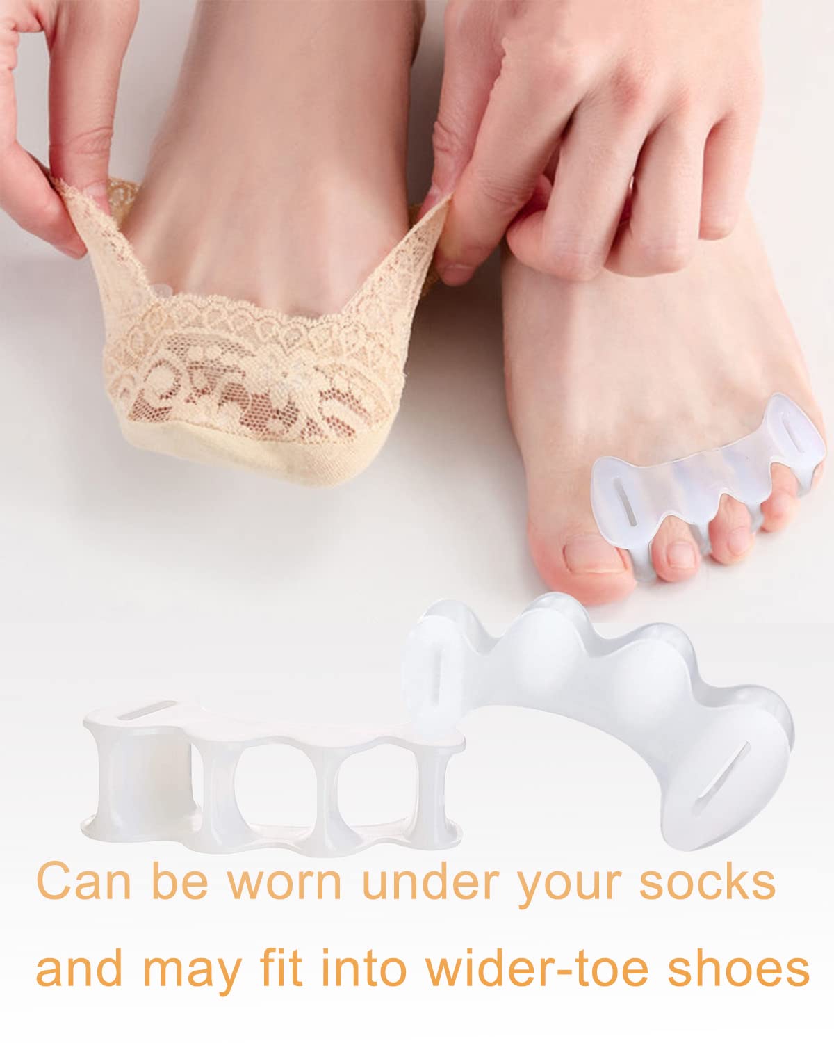 Side view of Golbylicc toe aligners in use for foot comfort