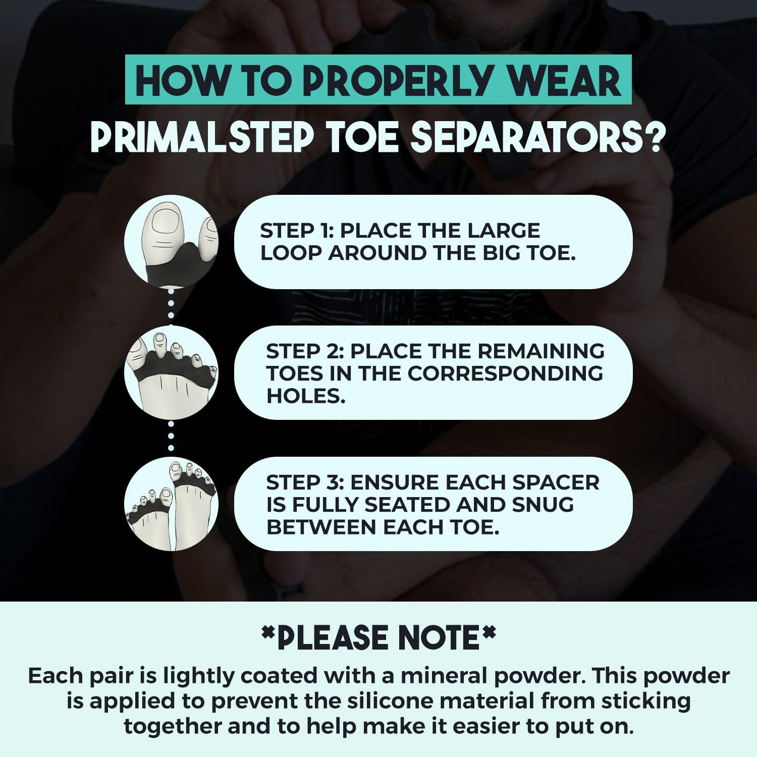 Close up of PrimalStep extra thick gel toe separators