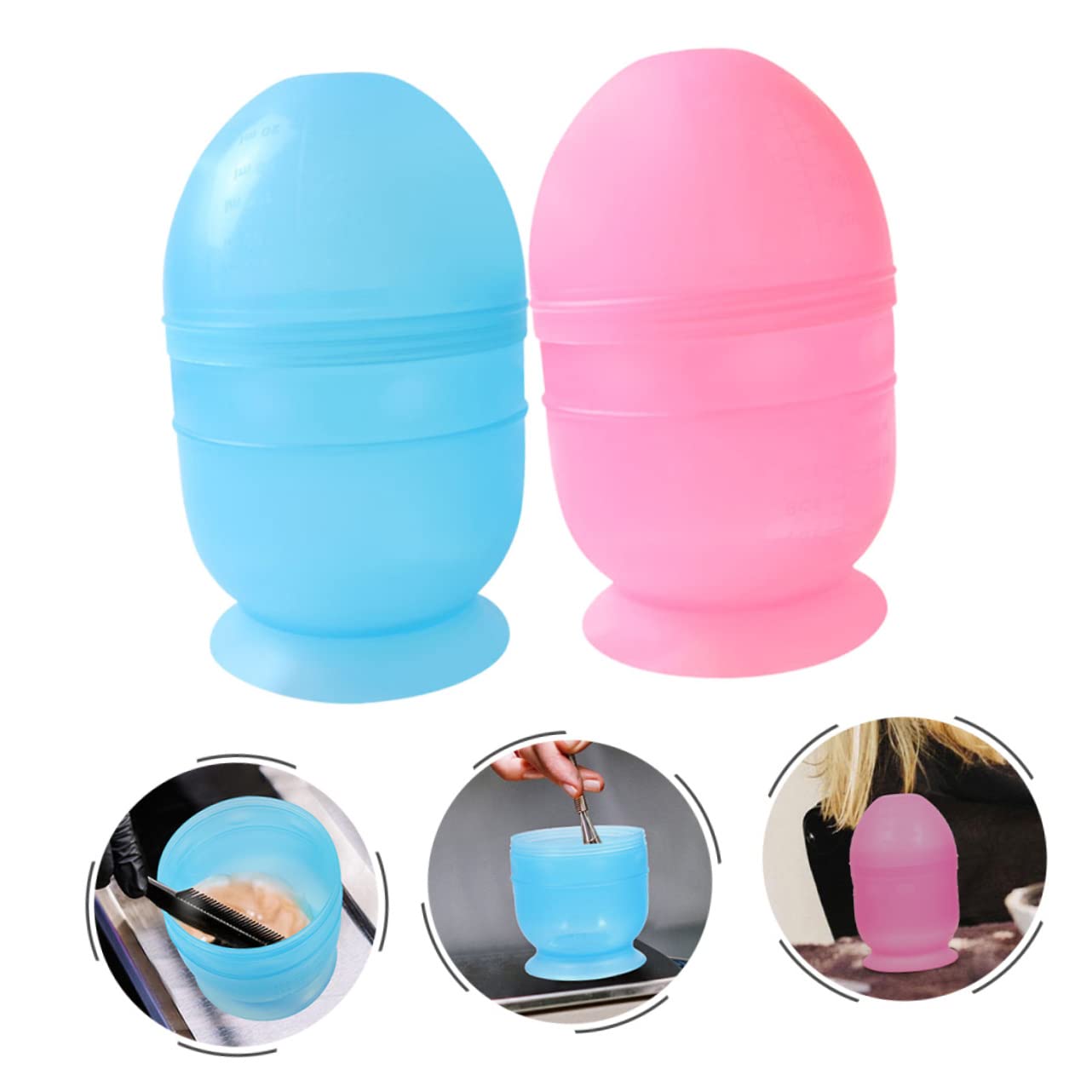 Two egg shaped hair tint mixers with screw on tops displayed on a salon counter