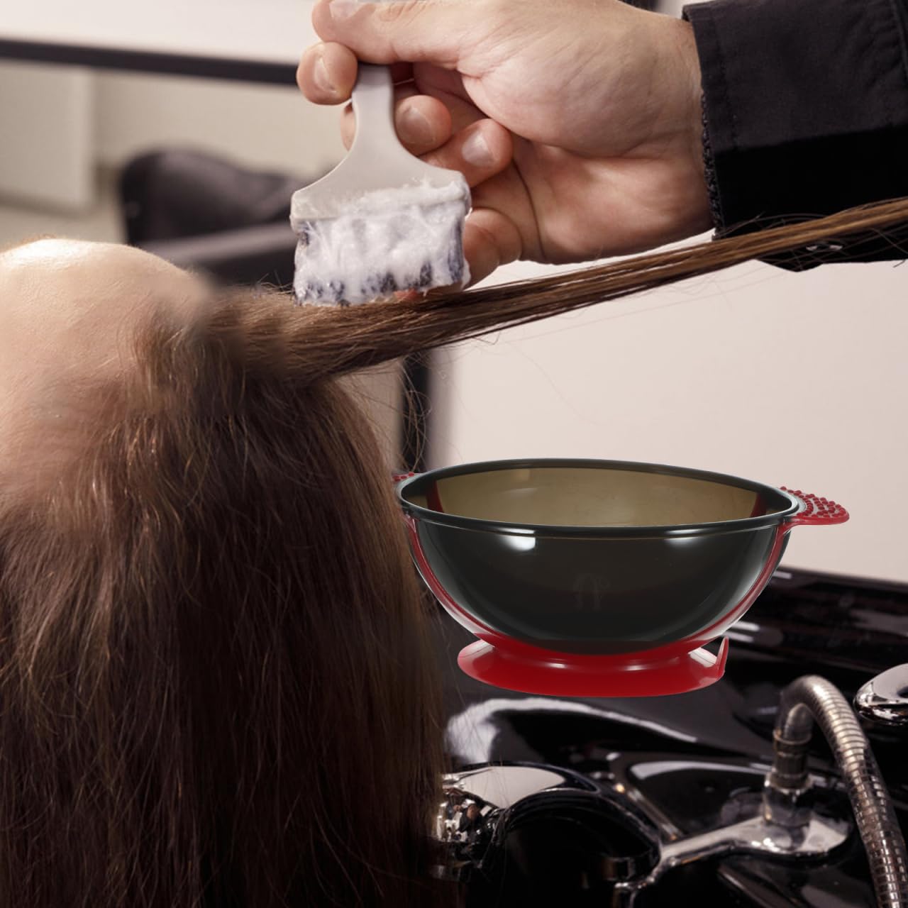 Side angle of reusable hair tint bowl with ergonomic handle design