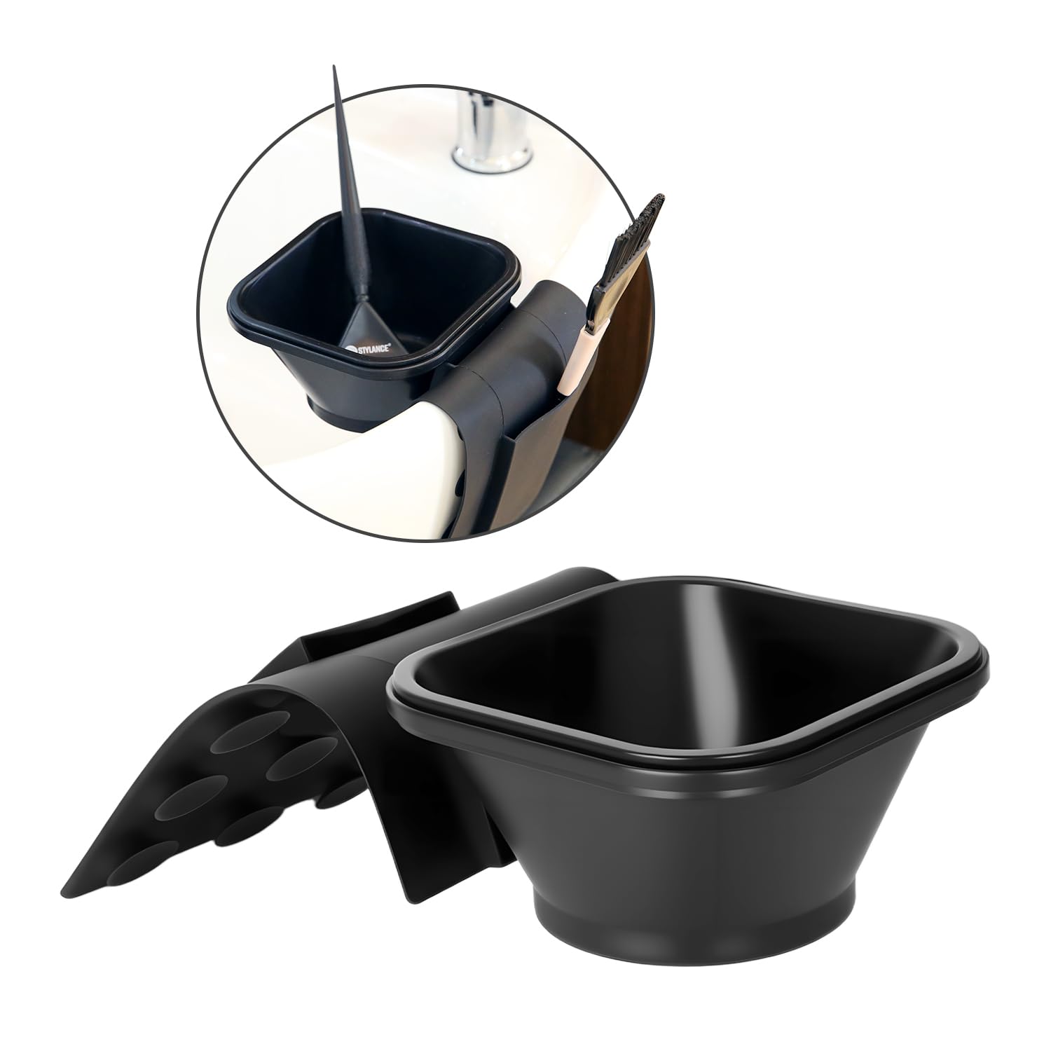 Hands free toning tub secured to a salon sink basin for color mixing