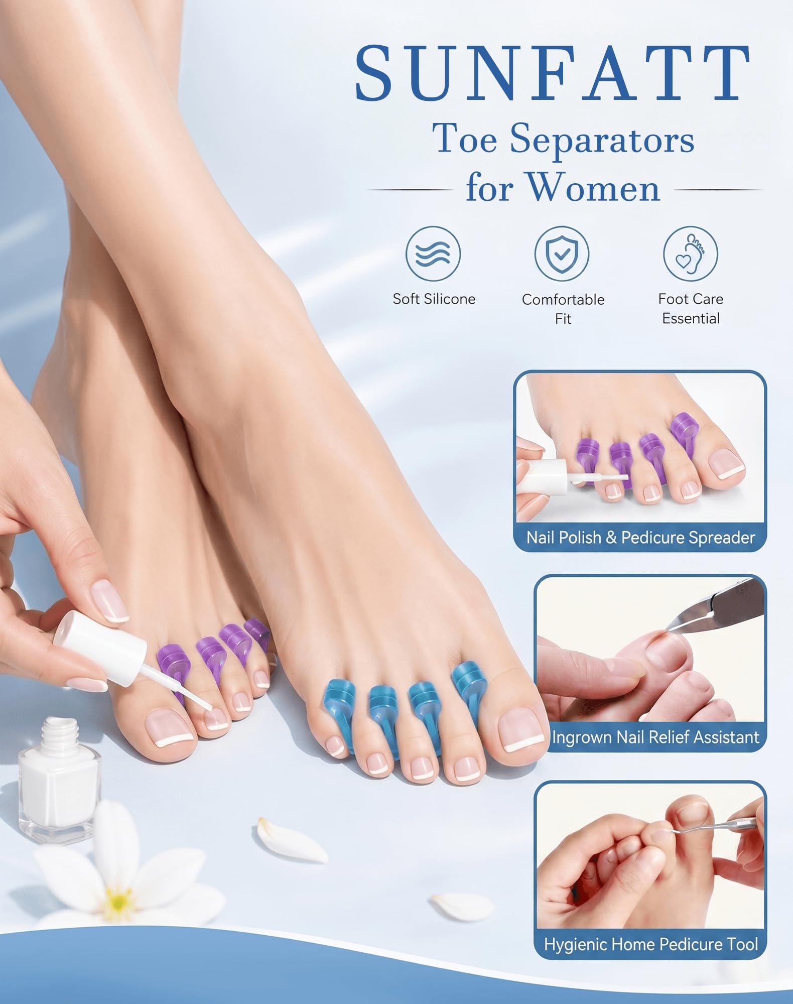 Soft gel toe spacers showing flexibility for nail polish