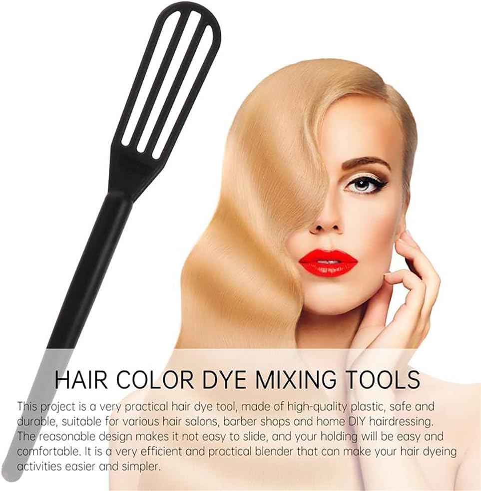 Close up view of the ergonomic long handles and whisk loops of the colorful hair dye cream stirrer set.