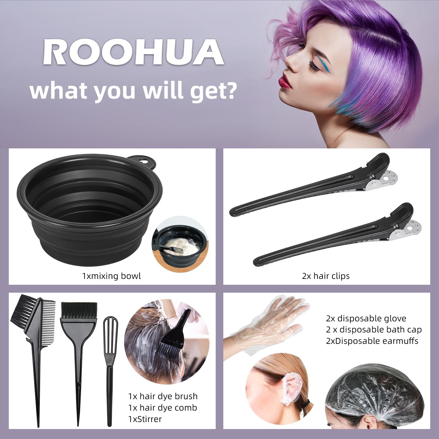 ROOHUA hair tinting kit containing protective disposable gloves and shower caps for clean application