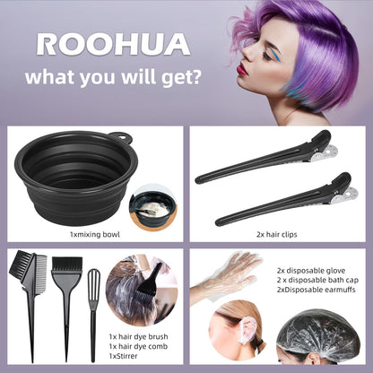 ROOHUA hair tinting kit containing protective disposable gloves and shower caps for clean application