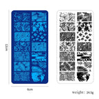 Close up view of the twelve by six centimeter rectangular steel nail stamping template displaying detailed geometric printing designs.