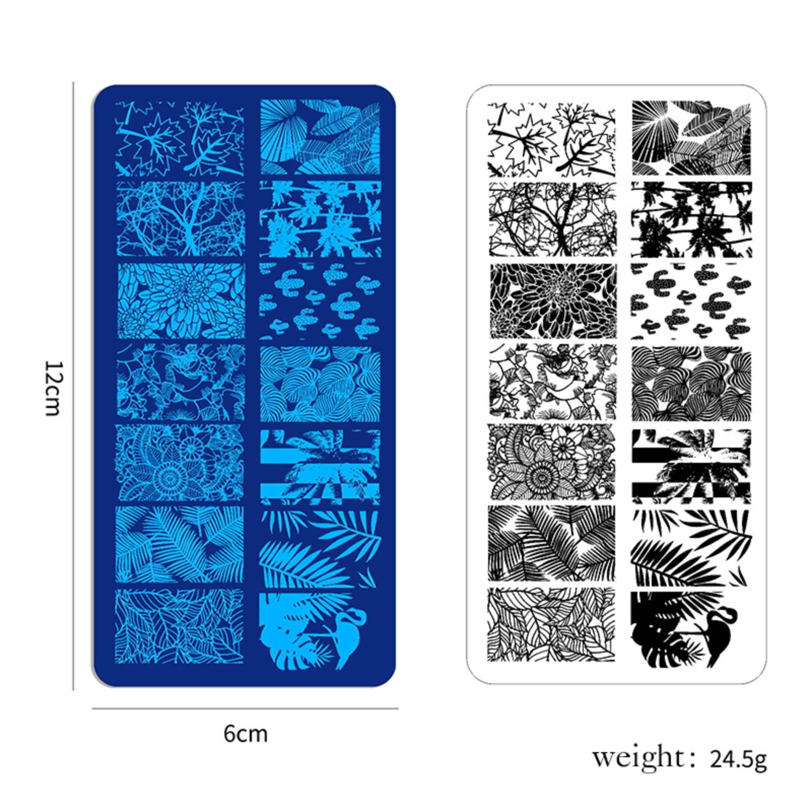 Close up view of the twelve by six centimeter rectangular steel nail stamping template displaying detailed geometric printing designs.