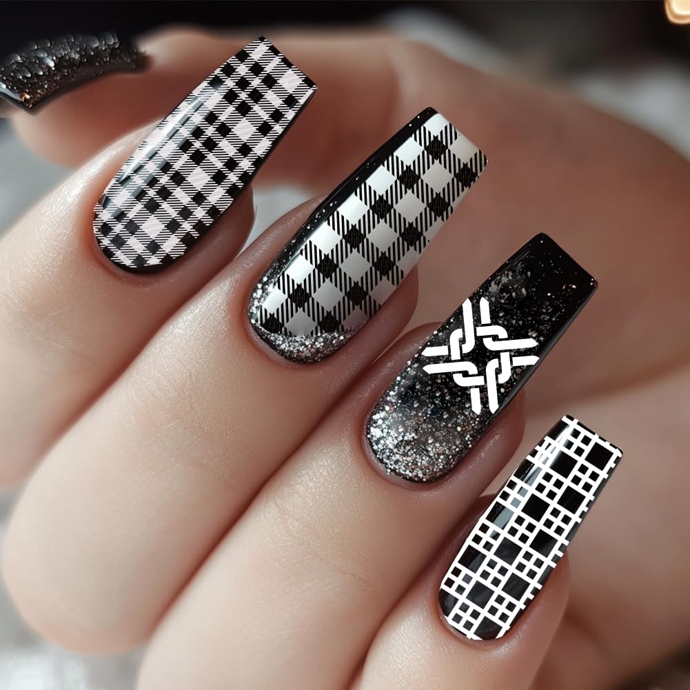 Finished salon style tartan nail art created using the professional steel stamping plates