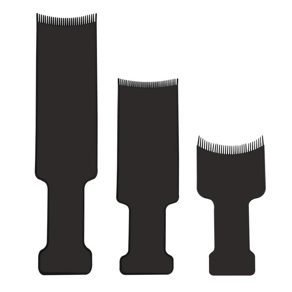 Three different sizes of Pimoys hair color board with teeth laid out horizontally