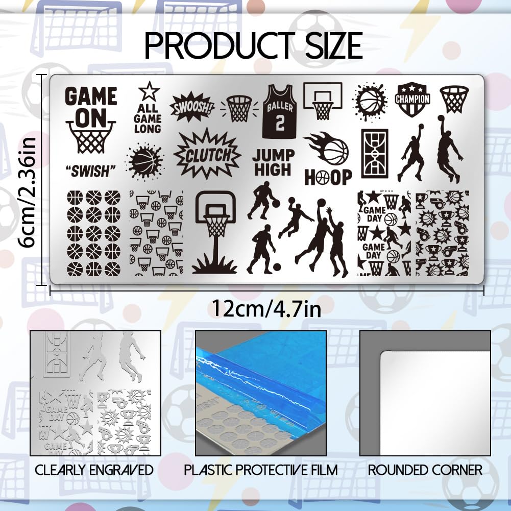 Stainless steel nail art template close up demonstrating soccer and football engraving patterns