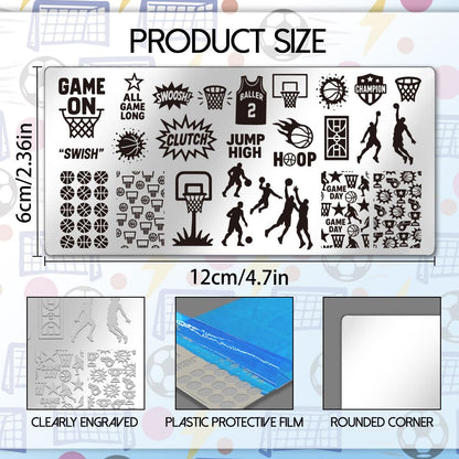 Stainless steel nail art template close up demonstrating soccer and football engraving patterns