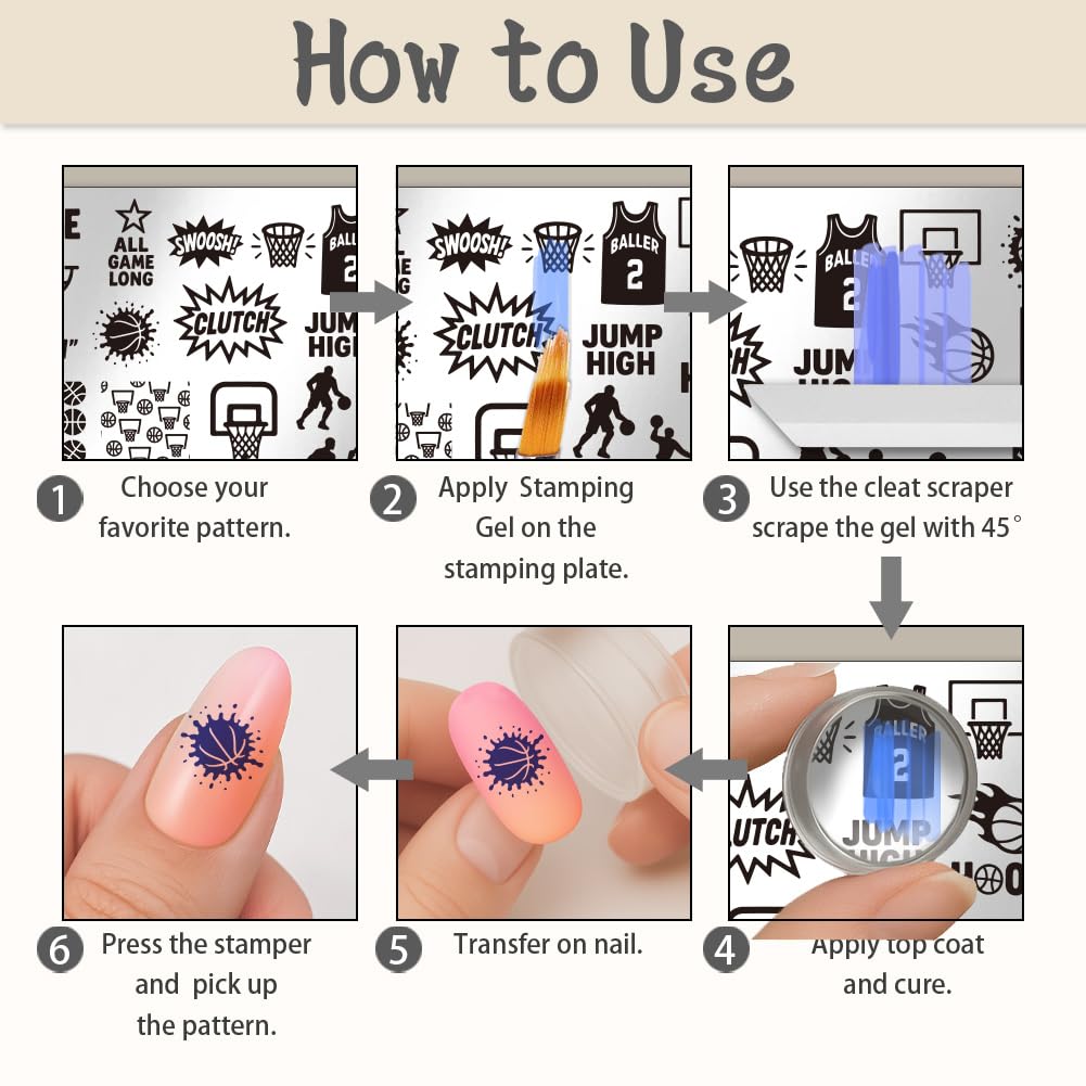 Clear silicone jelly stamper tool and blue plastic scraper placed beside manicure plates