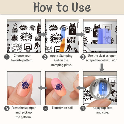 Clear silicone jelly stamper tool and blue plastic scraper placed beside manicure plates