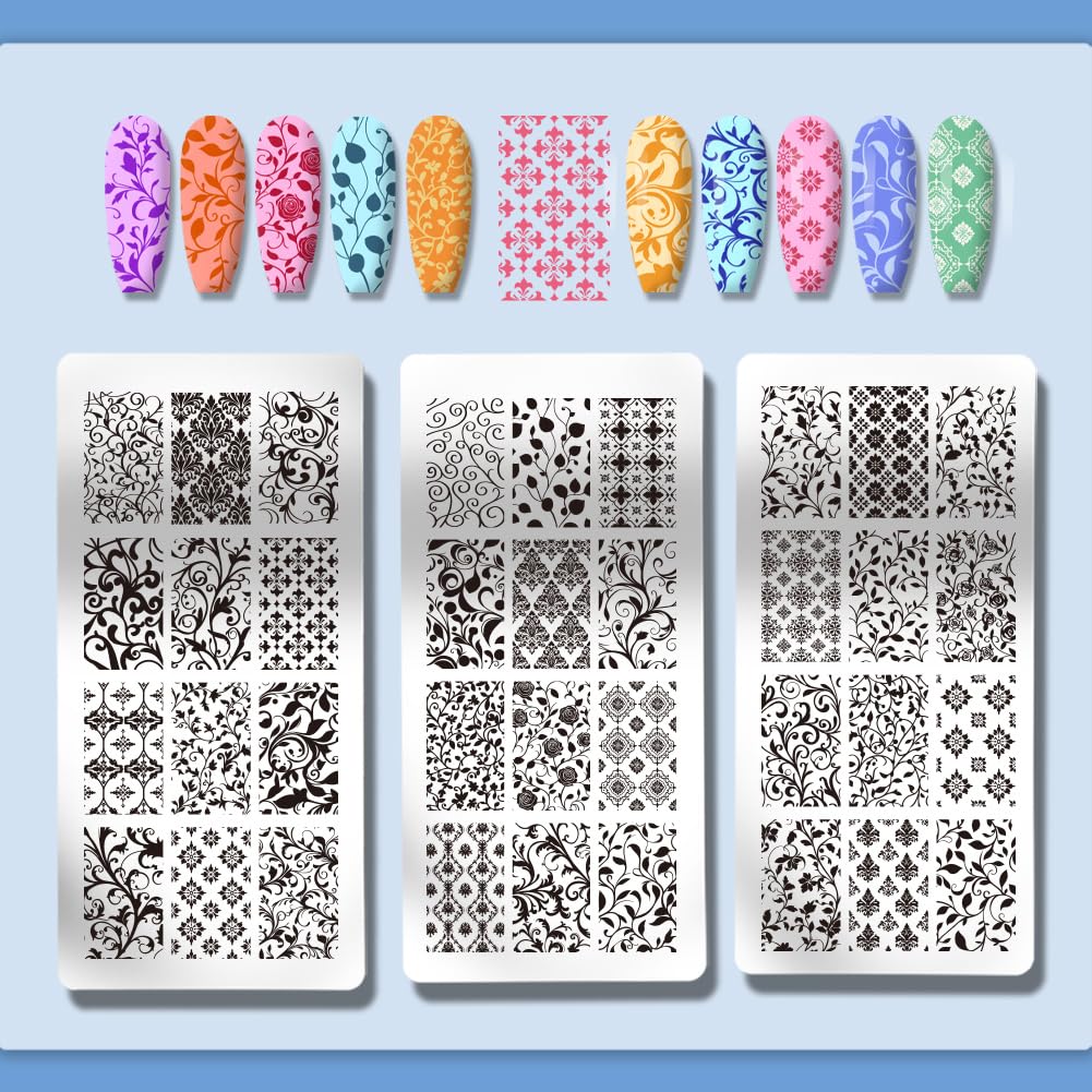 Side angle view of the twelve by six centimeter rectangular floral nail art stencils for home manicures.