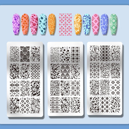 Side angle view of the twelve by six centimeter rectangular floral nail art stencils for home manicures.