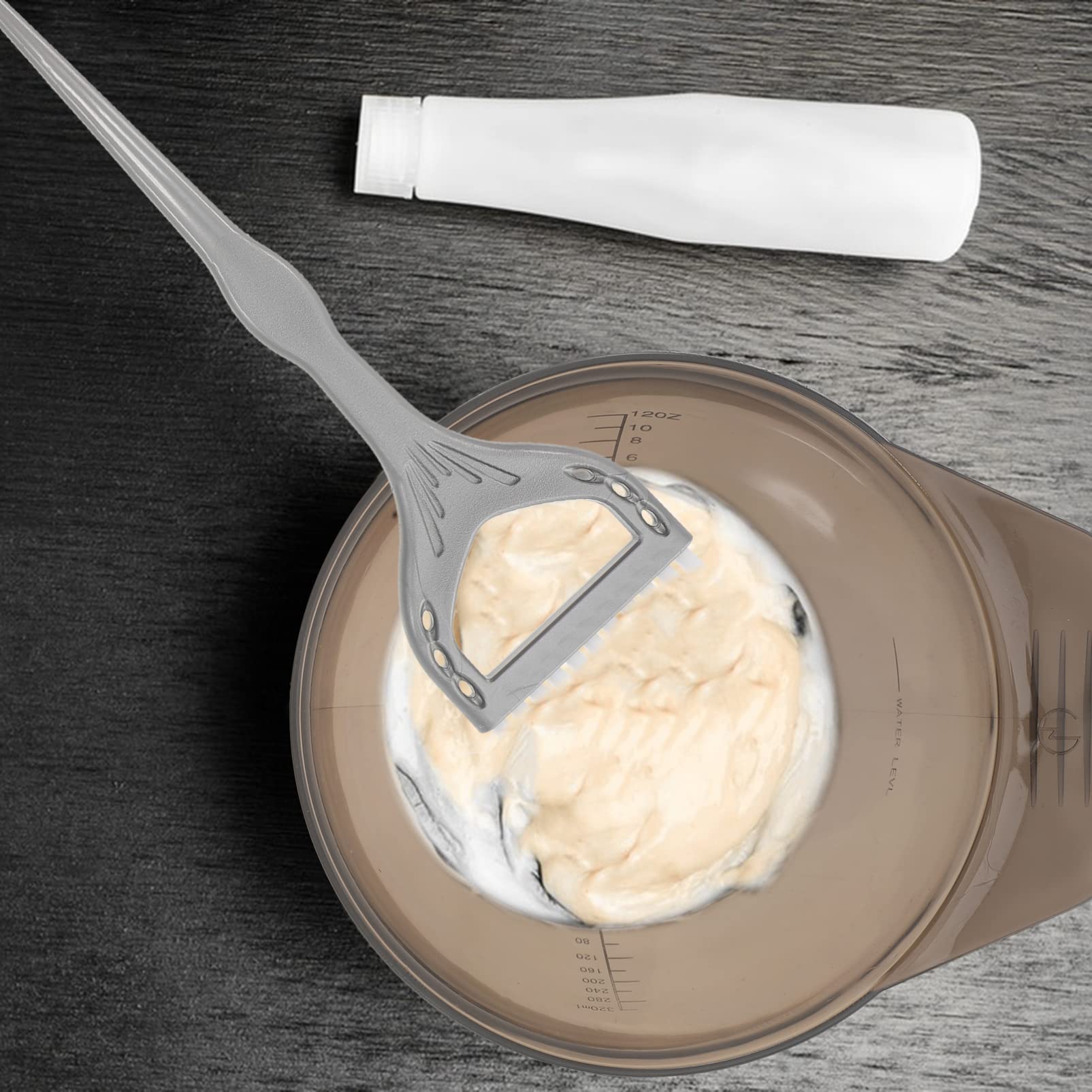 Healifty grey hair dye mixing bowl displaying the clear internal measurement markings for accurate salon formulation.