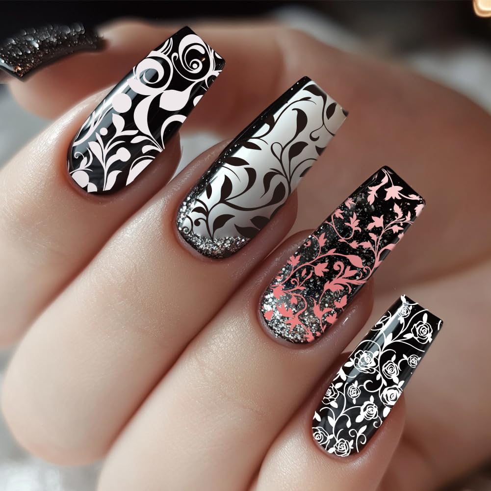 The three piece PH PandaHall nail image plates laid out horizontally to show the diverse blooming flower designs.