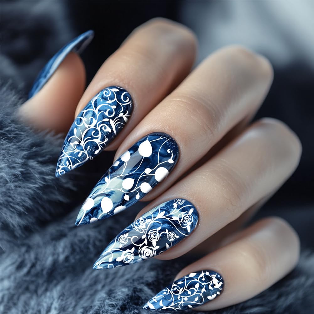 Detailed view of the curly branches and diamond geometric shapes on the premium steel nail art templates.