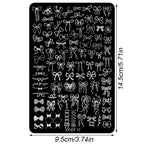 Stainless steel manicure stencil template with multiple sizes of cute bowknot patterns.