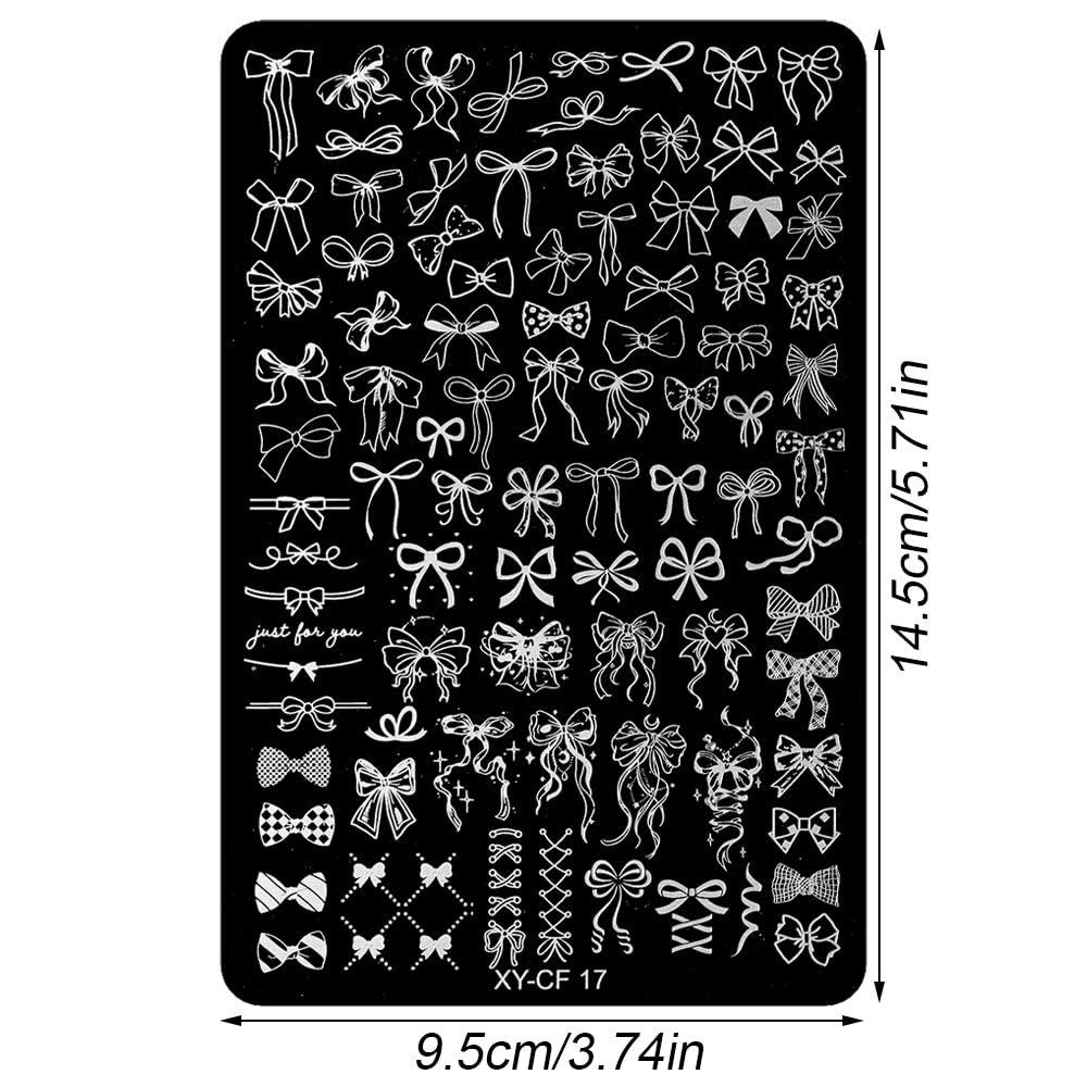 Stainless steel manicure stencil template with multiple sizes of cute bowknot patterns.