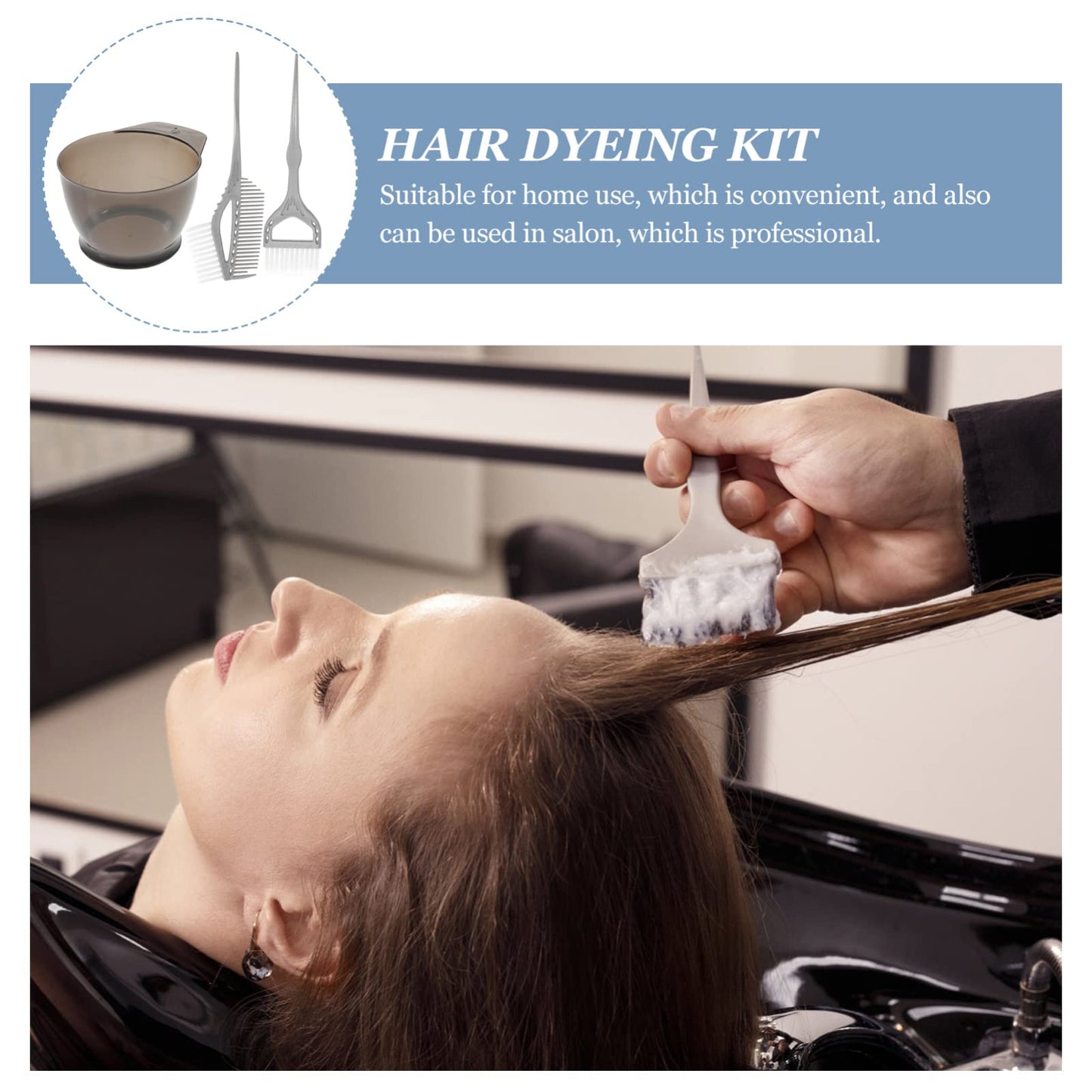 Top angle shot of the complete 3-piece Healifty hair dying accessory set including the bowl, brush, and comb.