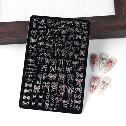Various bow design options demonstrated on different long and short acrylic fingernails.