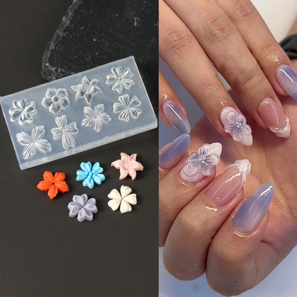 Close up of flexible non stick resin casting stencils for creating raised floral manicure decorations