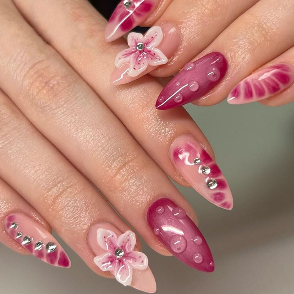 Professional salon grade manicure styling with custom botanical resin accents made from imported templates