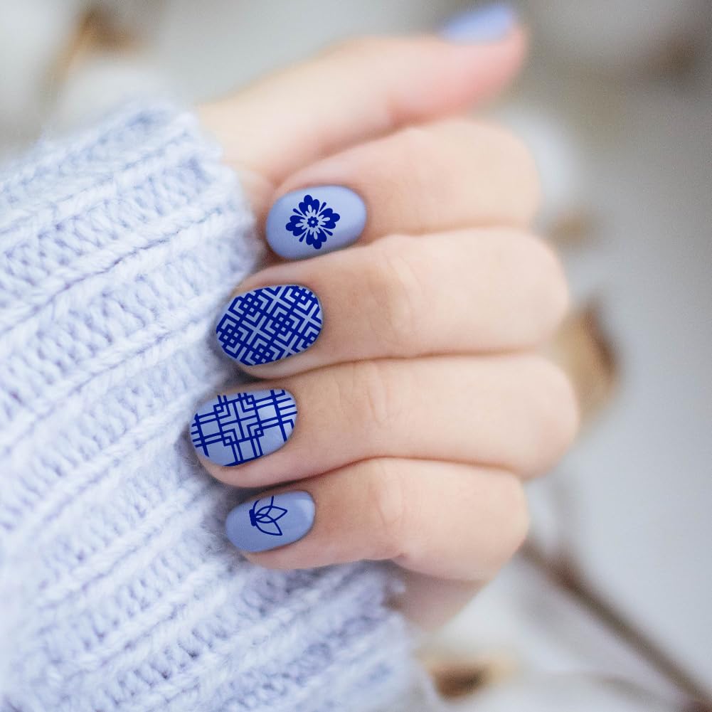 Premium stainless steel DIY manicure templates displaying traditional fans and texture patterns.