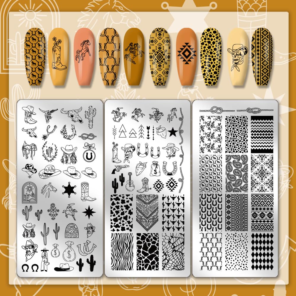Close up view of cowboy boots and hat stencils on reusable metal manicure plates.